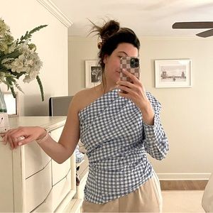 Zara blue and white gingham one sleeve top